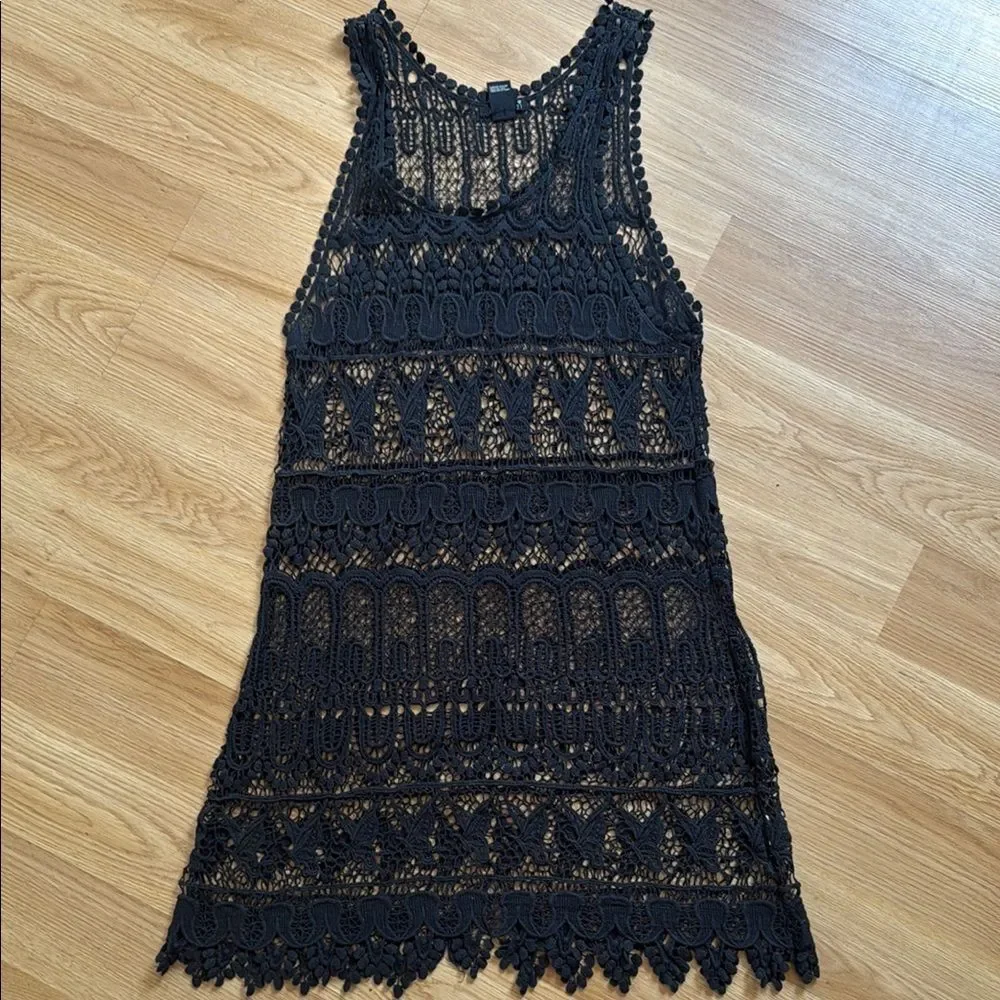 Forever 21 Black Lace Crotchet Sleeveless Swim Coverup Dress Resort Size Small